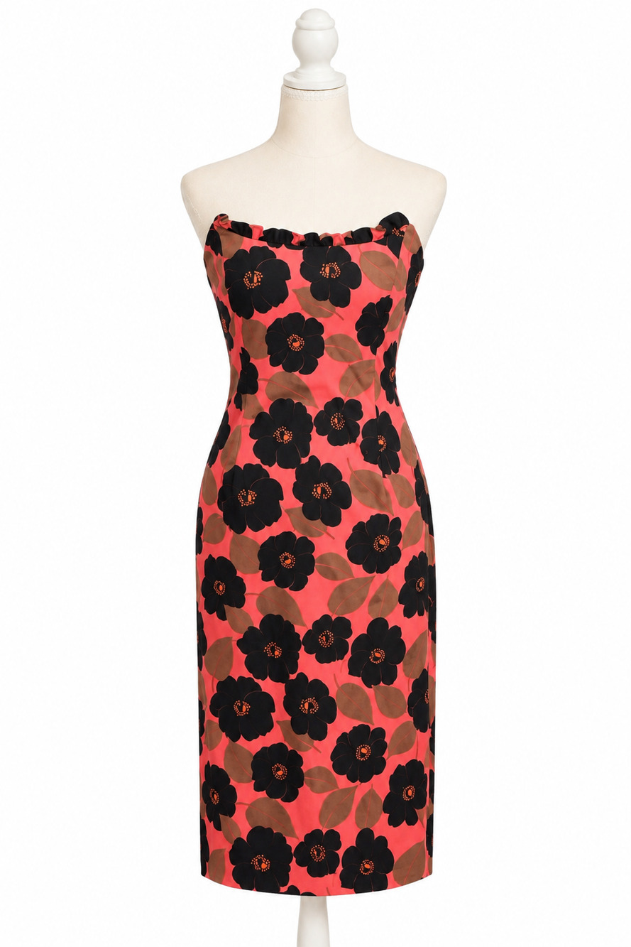 Vintage Helen Wang New York Pink Black Floral Strapless Sheath Dress Size 4 NWT